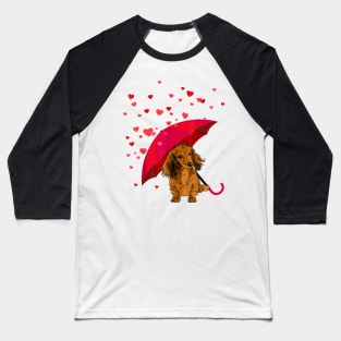 Long Hair Dachshund In Raining Heart Valentine Baseball T-Shirt